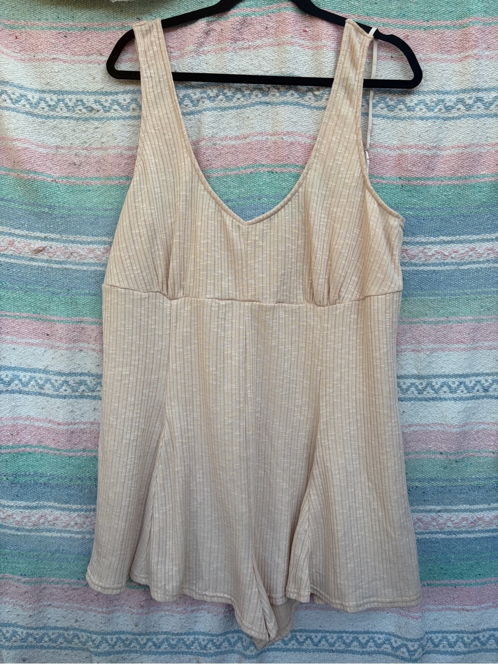 Fashion Nova Beige Ribbed V-Neck Sleeveless Romper